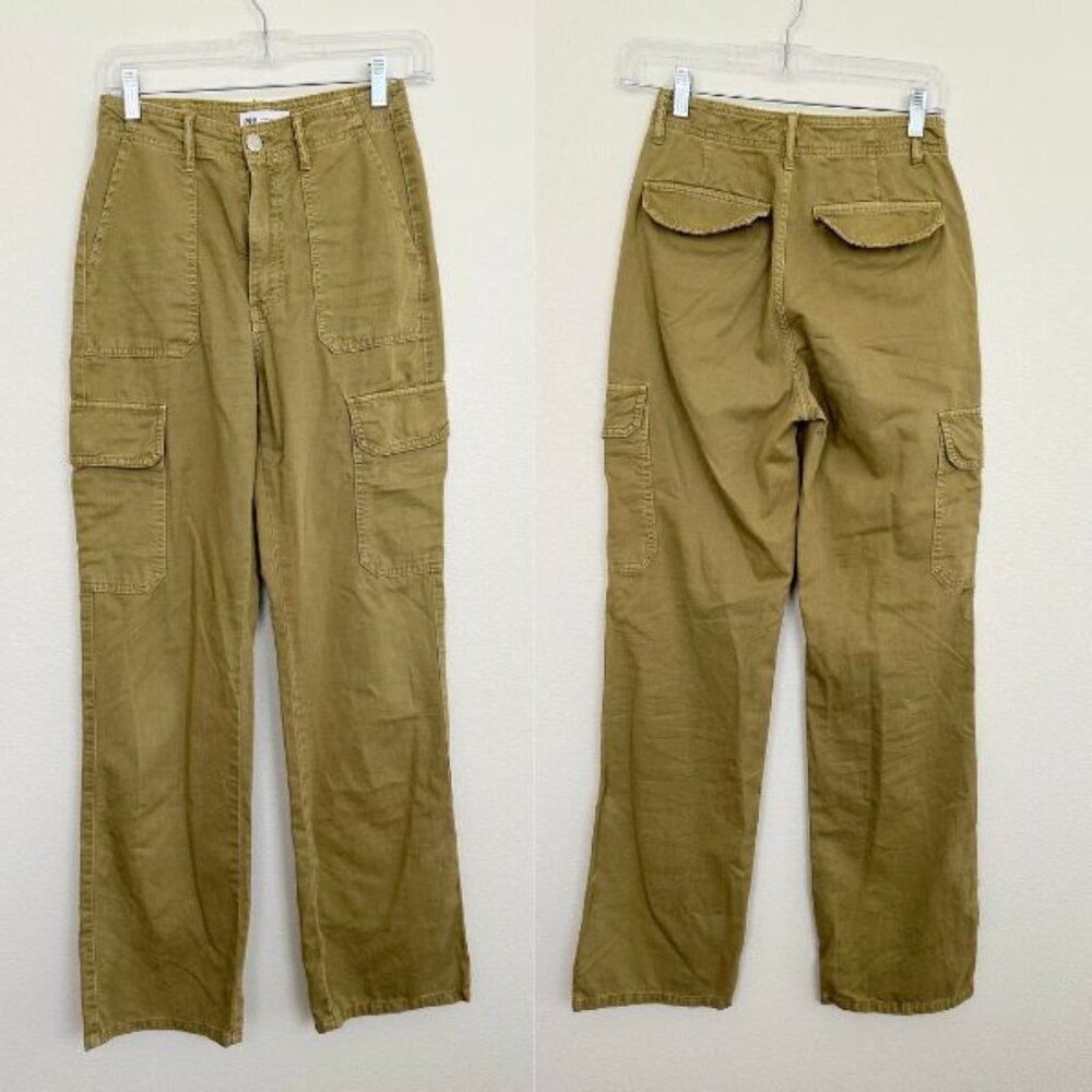 Zara Women's Straight Leg Cargo Pants Green High Rise Size 2 Y2K Pockets Stretch